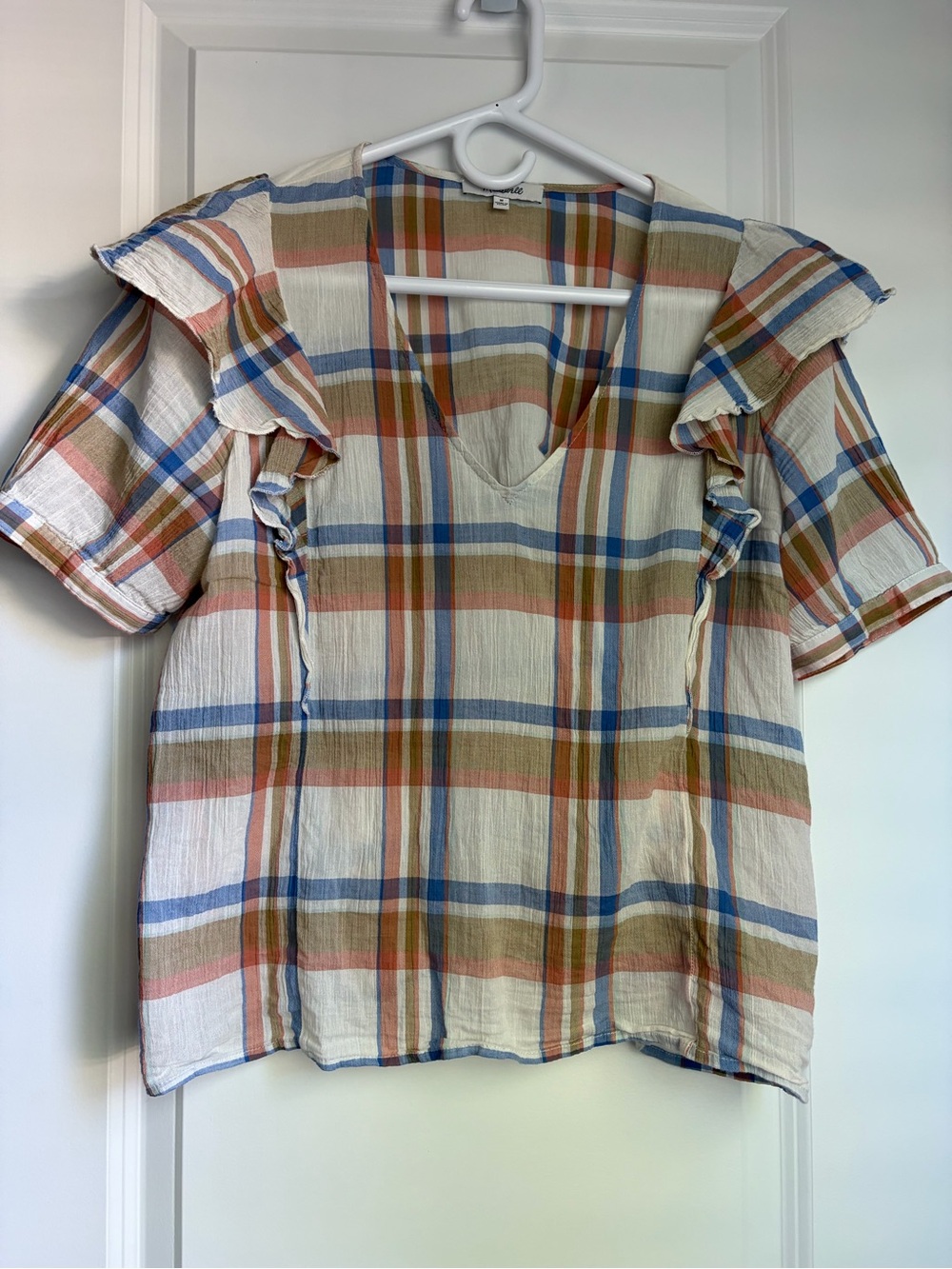 Madewell Cream Plaid V-Neck Ruffle Sleeve Top with Blue and Tan Stripes
